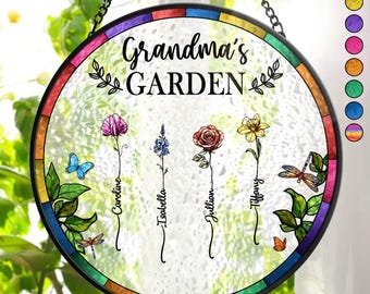 Birth Flower Grandma's Garden Personalized Stained Glass Window Hanging Suncatcher, Mother's Day Gift 2025, Gift For Mom, Gift For Grandma
