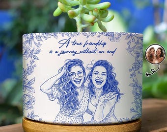 Potloodschets met aangepaste foto Een echte vriendschap is een reis zonder einde - Gepersonaliseerde keramische plantenpot, cadeau voor vrienden, plantenliefhebbers