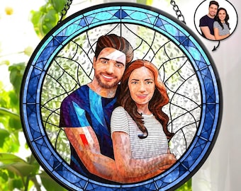 Custom Photo Portrait Couple Family - Personalized Stained Glass Window Hanging Suncatcher, Custom Family Gifts 2025, Couple Gift