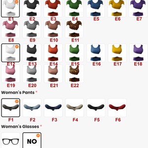 Op de afbeelding: Een selectie kledingstukken, waaronder tops, broeken en brillen. De tops zijn in verschillende kleuren en patronen, waaronder effen kleuren, dierenprints en strepen. De broeken zijn allemaal in verschillende tinten blauw. De bril is zwart met een rechthoekig montuur.