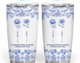 Toile De Jouy Birth Flower Grow An Old Friend - Personalized Tumbler, Custom Birth Flower Toile De Jouy, Tumbler Friendship Gift