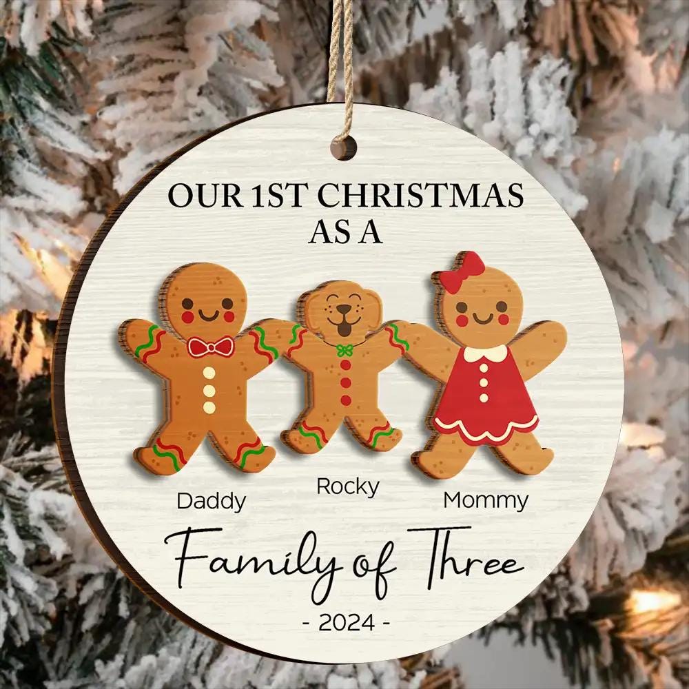 First Christmas As A Family Of Three Gingerbread, Personalized 2-Layered Wooden Ornament, Gingerbread Ornament, First Christmas Ornament