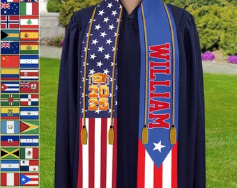 Country Flagge Klasse von 2026 Stolen Schärpe, Abschlussgeschenk, Senior Geschenk, kundenspezifische gemischte zwei Flaggen-Abschluss-Stola, personalisierte Geschenke für Studenten