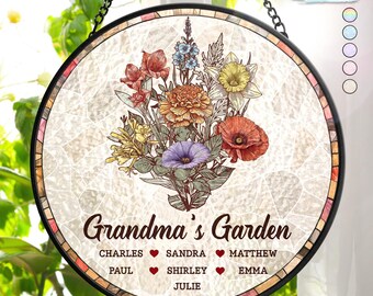 Atrapasueños colgante de vitral personalizado con diseño de flor de nacimiento de abuela, regalo para el Día de la Madre, regalo de flores de nacimiento