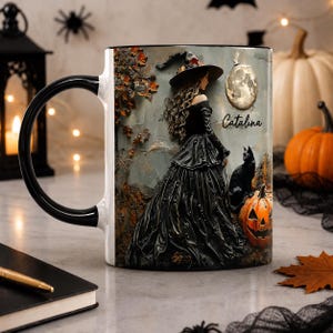 Custom Beautiful Witch Halloween Accent Mug, Personalized Wiccan Coffee Cup Oil Paint Effect Witchy Gifts Witchcraft Teacup Gift for Pagan