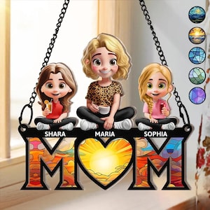 Jeune mère fille fils, nous vous aimons maman dessin animé 3D - ornement attrape-soleil personnalisé suspendu à la fenêtre, cadeau pour maman, cadeau de fête des mères