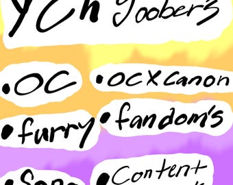 Op de afbeelding: Een digitale kunstafbeelding met de tekst "Ych Goober's" in handschriftstijl. Extra tekst omvat "OC", "OCxCanon", "furry", "fandom's", "Sona" en "Content creators's" op een kleurrijke achtergrond.