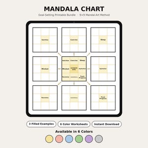 May include: A Mandala Chart goal-setting printable bundle featuring a 9x9 grid layout. The central square contains the text Ultimate Goal surrounded by categories like Nutrition, Exercise, Sleep, Mindset, Hydration, Recovery, and Consistency.