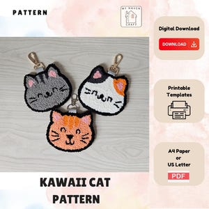 Puede incluir: Patrón PDF imprimible para hacer tres llaveros kawaii de gato. Los gatos son grises, blancos con manchas negras y naranjas. El patrón es para papel A4 o US Letter.