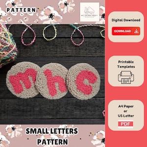 Peut inclure: Patron PDF imprimable pour broderie au poinçon de petites lettres "mhc" en rose sur fond beige. Le patron est au format A4 ou US Letter.