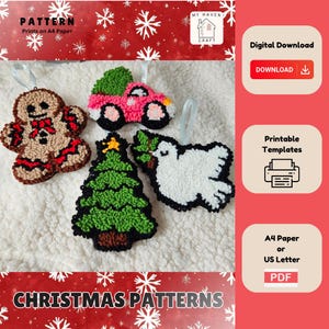 May include: Printable Christmas ornament patterns for punch needle embroidery. The patterns include a gingerbread person, a Christmas tree, a dove, and a car. The patterns are available as a digital download in PDF format and print on A4 or US Letter paper.