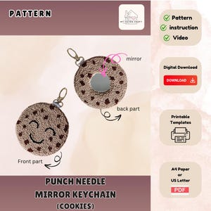 May include: Punch needle pattern for a mirror keychain shaped like a cookie. The pattern includes instructions and a video tutorial. The pattern is available as a digital download in PDF format and can be printed on A4 or US Letter paper.