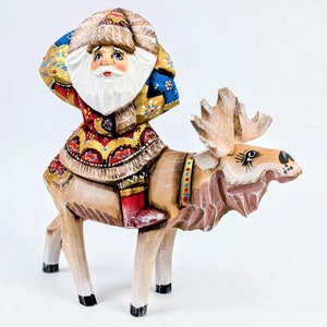 Wooden Santa Claus on the moose, Handcrafted figurine, Father Christmas, Hand Painted Santa, Handmade Holiday Gift, Collectible Wooden Santa