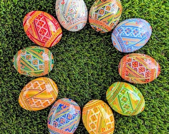 Set of 10 Wooden Hand Painted Easter Medium Eggs, Ukrainian Pysanki, Pisanki (#18UKR)