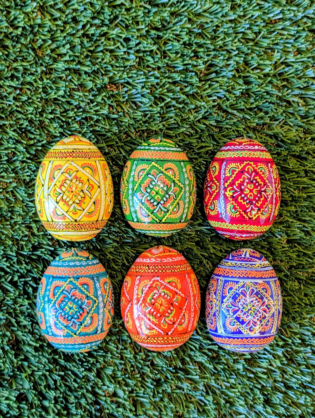 Set of 6 Wooden Hand Painted Easter Medium Eggs, Ukrainian Pysanki ...