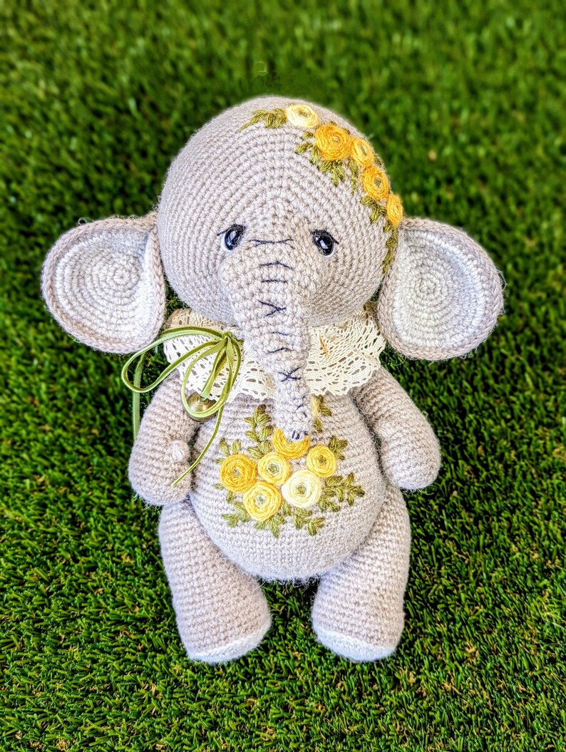 Handmade Crochet Elephant Toy in Blue Jumpsuit and Yellow Hat main image 1