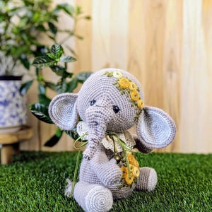 Handmade Crochet Elephant Toy in Blue Dress with Yellow Bow main image 0