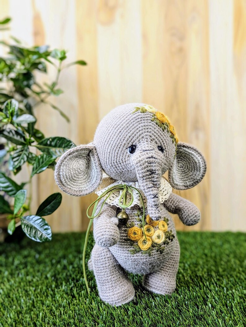 Handmade Crochet Elephant Toy in Yellow Dress with Bow main image 1