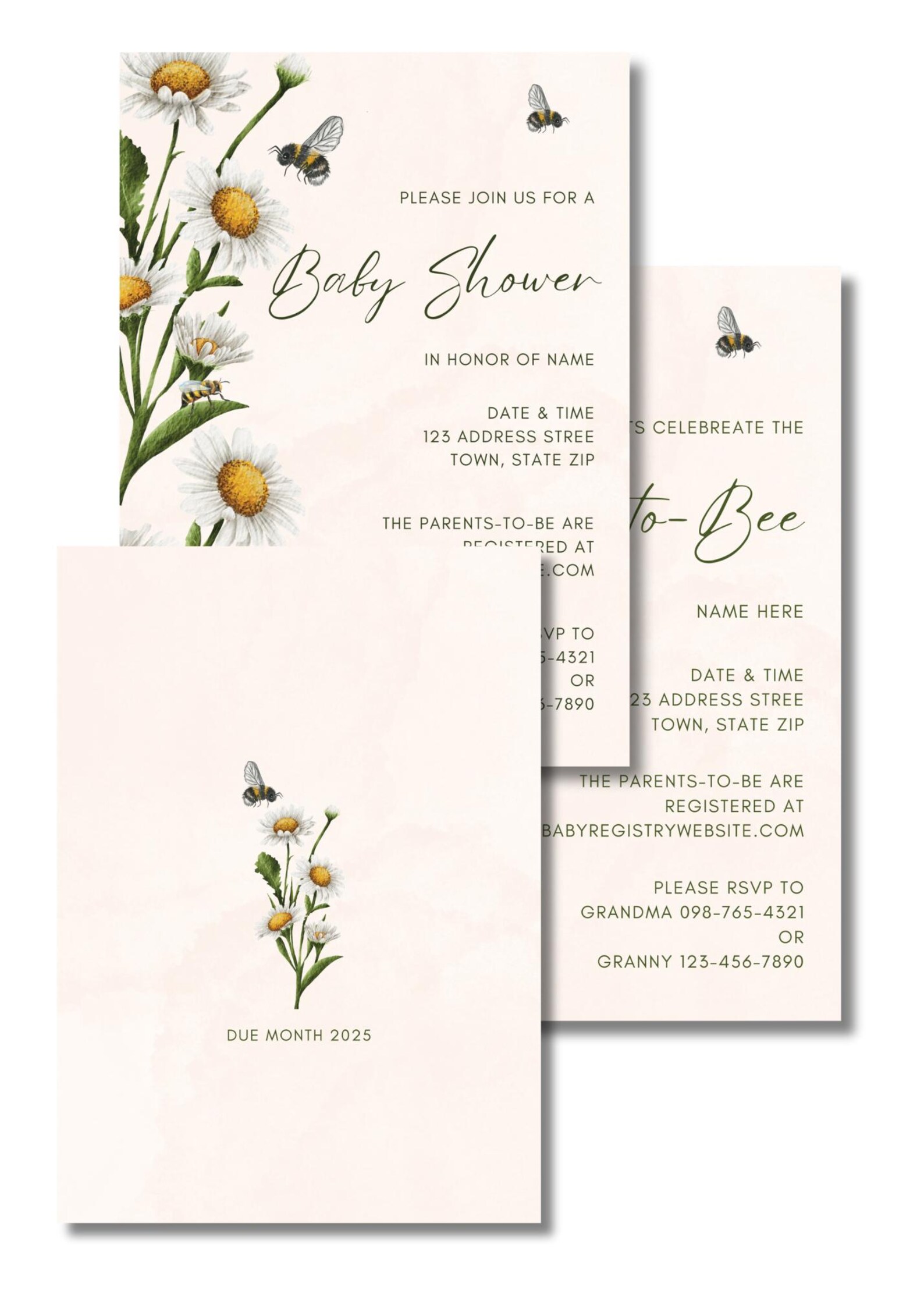 Elegant Bumble Bee White Daisy Baby Shower Invitation Template - Etsy