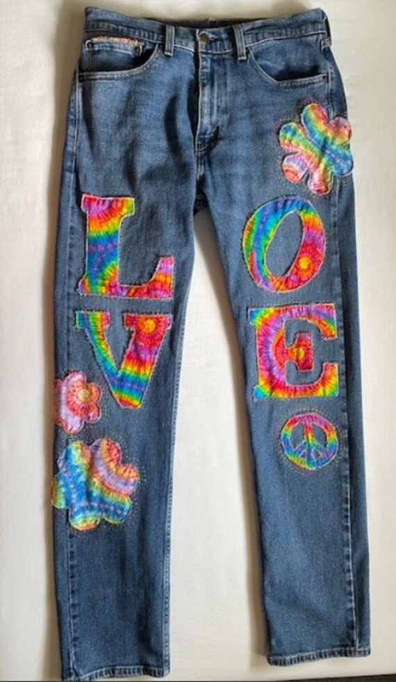 Upcycled Unisex Levi 505 W32xl34 Denim Art Jeans. Unique Hippie 