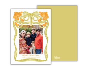 PRINTED Watercolor Oranges Christmas Photo Card: Chartreuse and Orange Holiday Card with Bow Border