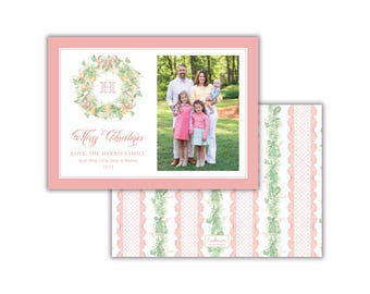 PRINTED Watercolor Wreath Pastel Christmas Photo Cards