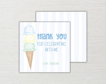Watercolor Printable Blue Ice Cream Birthday Party Favor Tag: Self-Editable Template Download