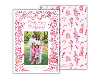 PRINTED Red and Pink Christmas Candy Photo Cards: Nutcracker and Gingerbread Holiday Card
