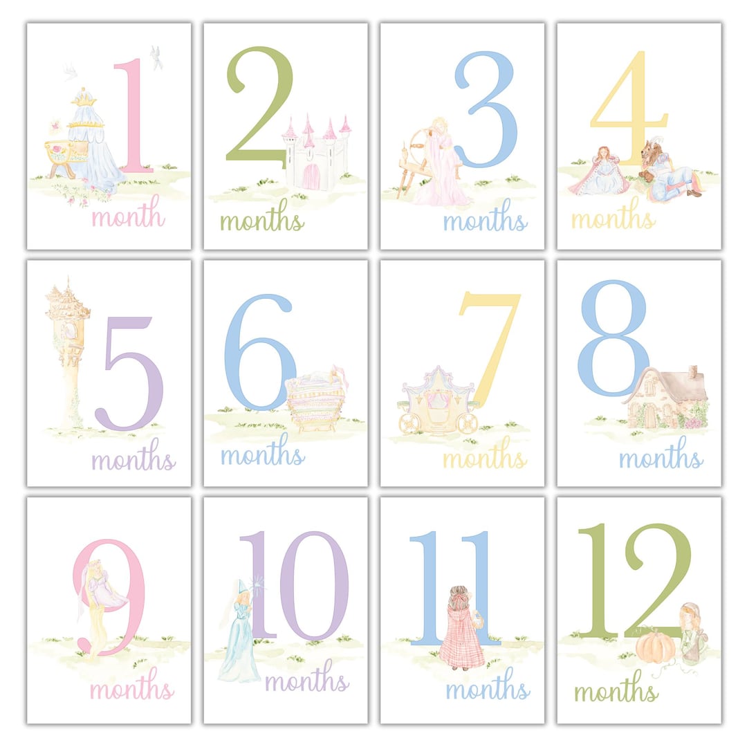Watercolor Princess Milestone Cards: Baby Girl First Year Monthly Card ...