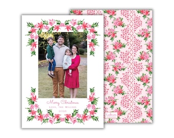 PRINTED Watercolor Poinsettia Garland Christmas Photo Cards