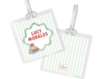 Watercolor Bookworm Kids Personalized Backpack Tag: Custom Laminated Luggage Tag