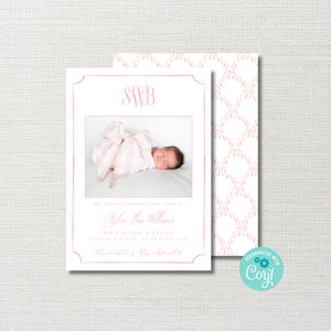 Druckbare monogrammierte Geburtsanzeige Karten-Vorlage - Neues Baby Mädchen Digitale Geburtsanzeige - Neue Baby Mädchen Ankündigung - Monogramm