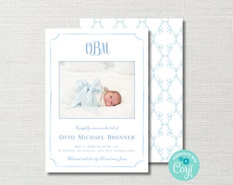 May include: A blue and white baby announcement card with a photo of a baby boy. The card says "We joyfully announce the birth of Otto Michael Brenner" and includes the baby's birth date, weight, and length. The card is decorated with a blue and white pattern.