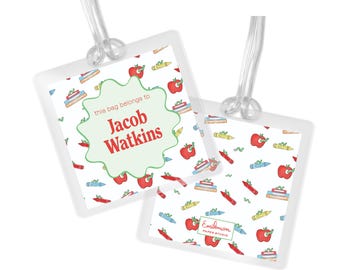 Watercolor Bookworm Kids Personalized Backpack Tag: Custom Laminated Luggage Tag