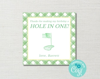 May include: Green and white gingham thank you card with a green golf course illustration and the text "Thanks for making my birthday a HOLE IN ONE! love, Barrett".