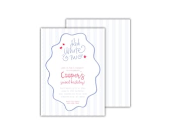 May include: Red, white, and blue invitation for a second birthday party. The invitation features a blue and white striped background with a red, white, and blue star design. The text on the invitation reads "Red White & Two" and "Cooper's Second Birthday!"