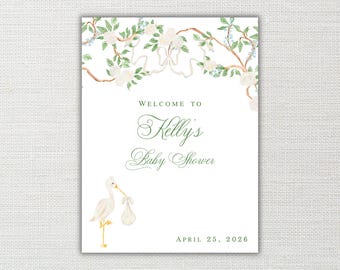 Printable Watercolor Heirloom Stork Baby Shower Welcome Poster: Self-Editable Template
