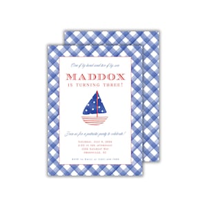 Watercolor Sailboat Patriotic Birthday Invitation for Kids: July 4th Party Invite