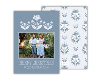 PRINTED Blue Floral Block Print Christmas Photo Card: Personalized Hand-Drawn Holiday Cards