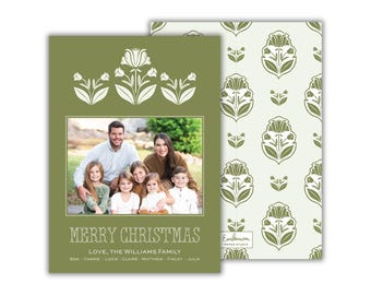 PRINTED Green Floral Block Print Christmas Photo Card: Personalized Hand-Drawn Holiday Cards