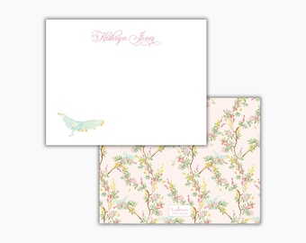 Watercolor Parisian Chinoiserie Bird Notecards: Personalized Womens Stationery Set