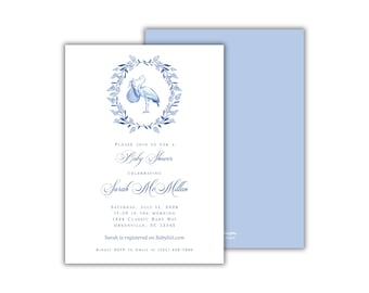 Blue and White Delftware Stork Boy Baby Shower Invitations: Luxury Printed Party Invites