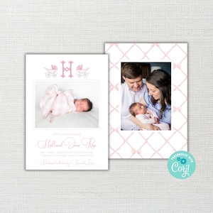 Druckbare monogrammierte Geburtsanzeige Karten - Baby Girl Digitale Geburtsanzeige - Erbstück Kinderwagen Neues Baby Ankündigung