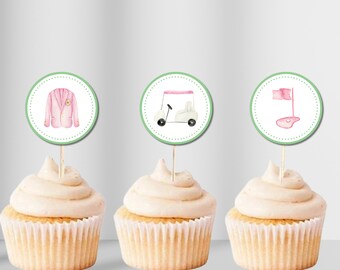 Adornos imprimibles para cupcakes de golf rosa: decoraciones de acuarela para fiesta de golf (descarga instantánea)