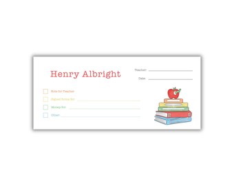 Watercolor Bookworm School Forms and Money Envelopes: Set of 20