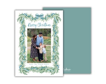 PRINTED Watercolor Garland Christmas Photo Card: Blue Green Bow Holiday Cards