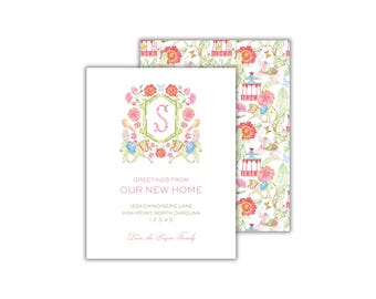 Watercolor Chinoiserie Floral Moving Announcement Cards: Monogrammed We've Moved Cards