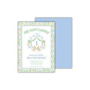 Happy Camper First Birthday Invitations for Boys: Watercolor Camping Party