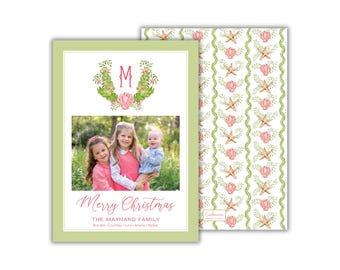 PRINTED Watercolor Seashell Monogrammed Christmas Card: Floral Beach Holiday Photo Cards