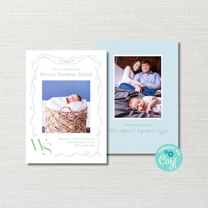 Printable Baby Boy Birth Announcement Cards - Grandmillennial Bow Frame Baby Announcement - New Baby Boy Announcement Photo Cards